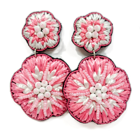 Pink Raffia Flower Earrings
