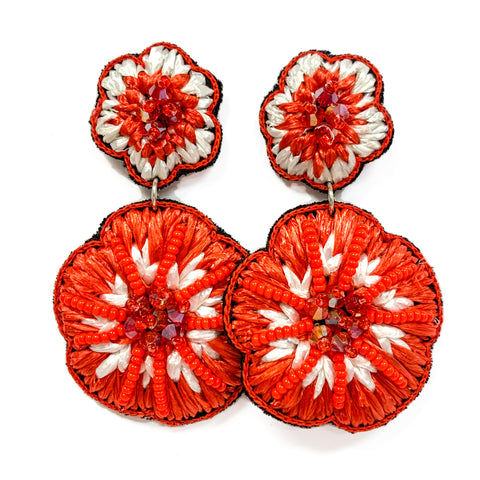 Red Raffia Flower Earrings