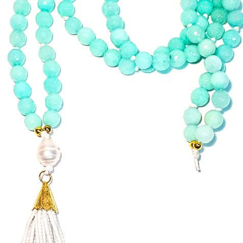 WILLOUGHBY Necklace - 5-Pearl, Aqua Jade, White Tassel