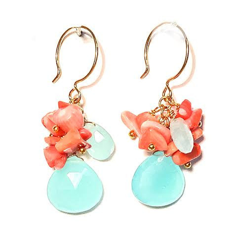 VIVIAN Earrings - Coral & Chalcedony Clusters