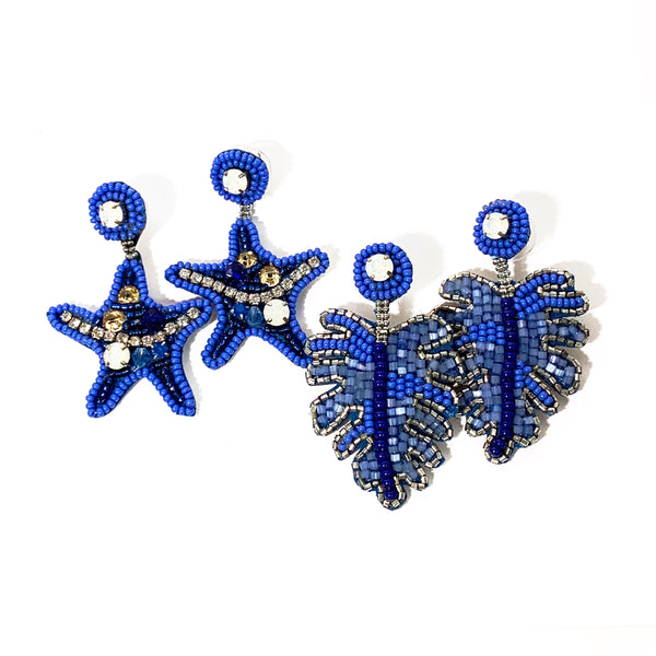 Monstera Leaf or Starfish Beaded Embroidered Earrings - Blue