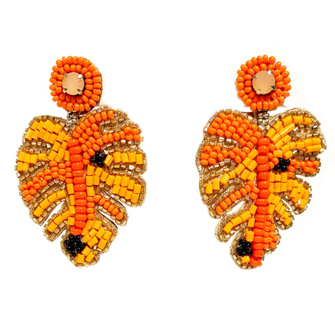 Monstera Leaf Embroidered Earrings in Orange
