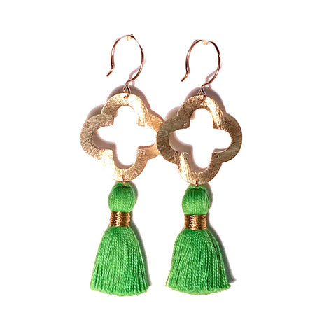 HE 1070 Lulu Quatrefoil Tassel Earrings, Spring Green