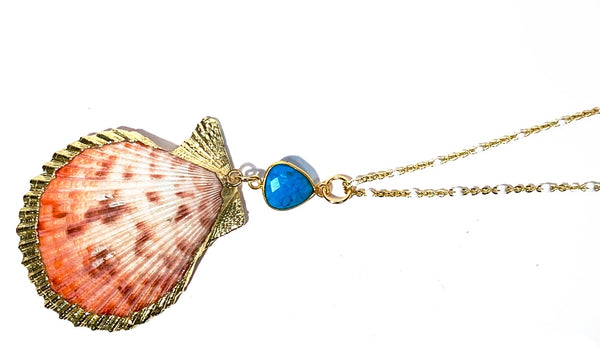 One of a Kind: Lion’s Paw Scallop Shell & Turquoise Necklace on White Enamel Chain