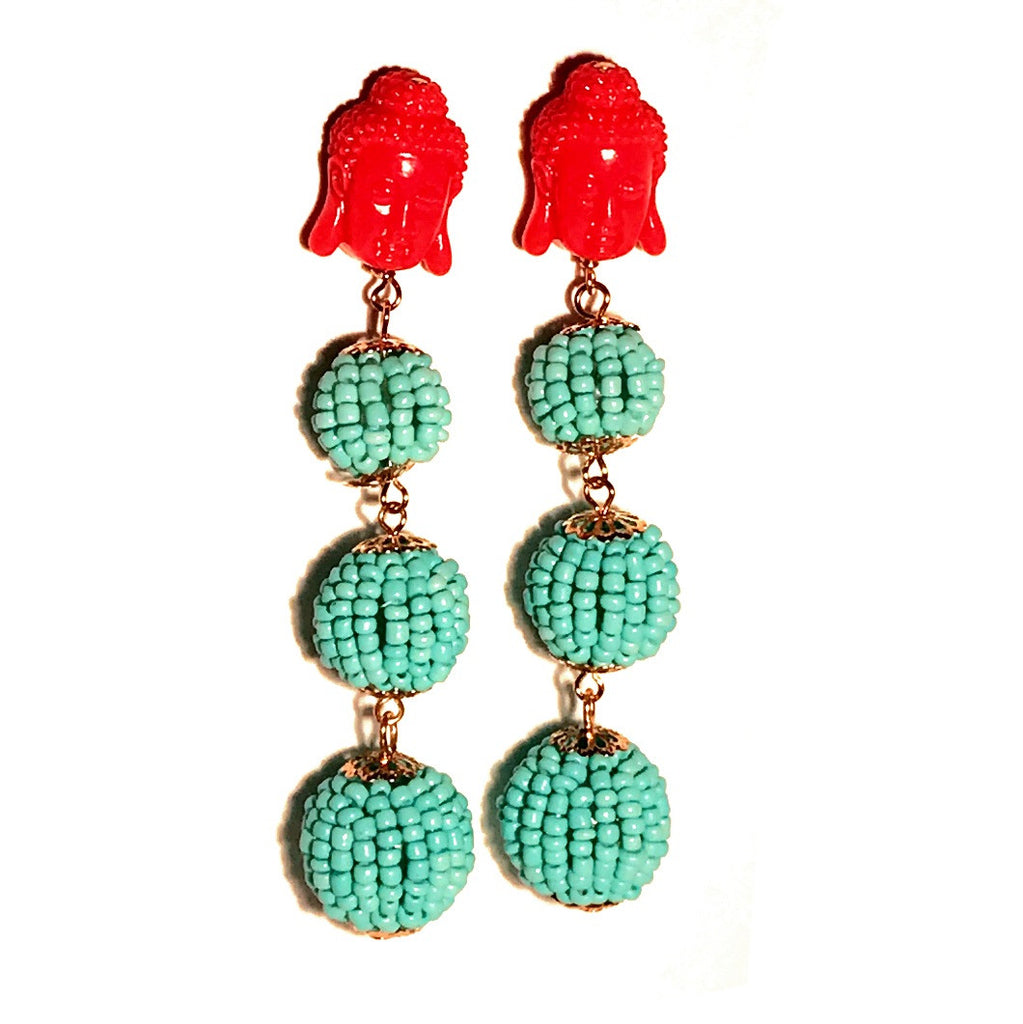 HE 1020 Buddha Ball Earrings in Beaded Turquoise with Coral