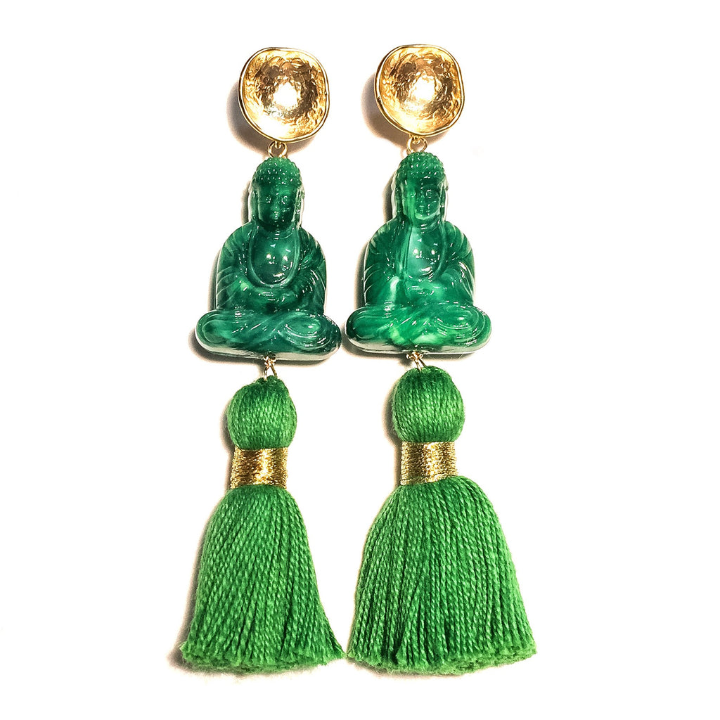 Green Sitting Buddha Tassel Earrings