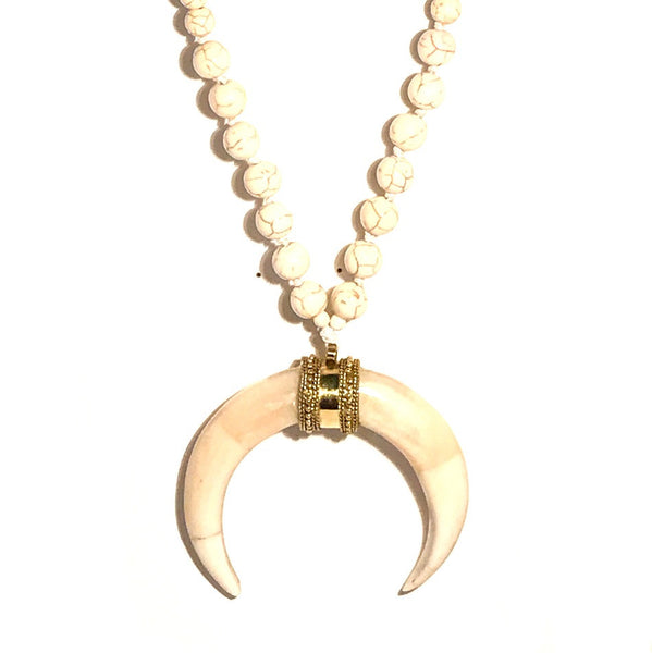 Double Horn Necklace in White Howlite
