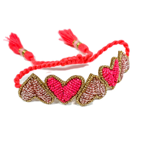 Pink Embroidered Hearts Bracelet