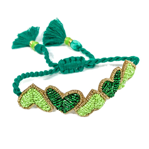 Green Hearts Embroidered Bracelet