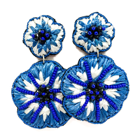 Blue Raffia Flower Earrings