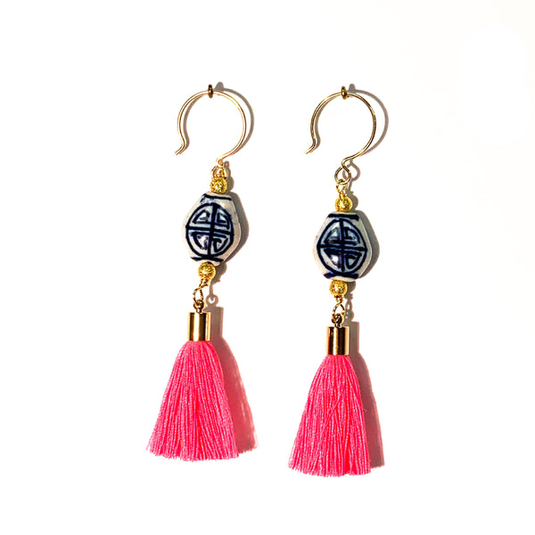 Chinoiserie Tassel Earrings, Pink or Navy