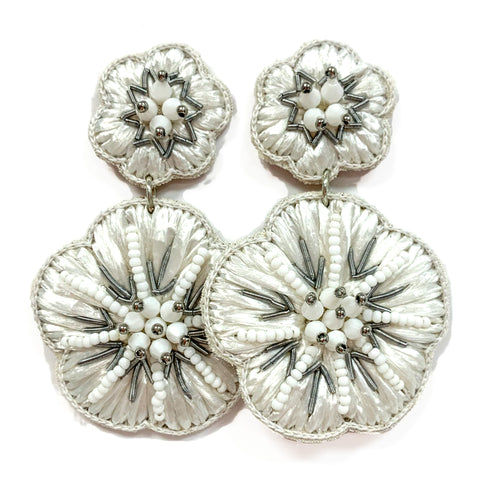 White Raffia Flower Earrings