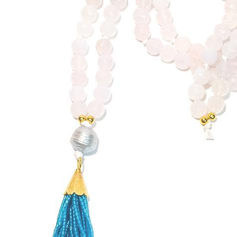 WILLOUGHBY Necklace - 5-Pearls and Teal Tassel on White Agate