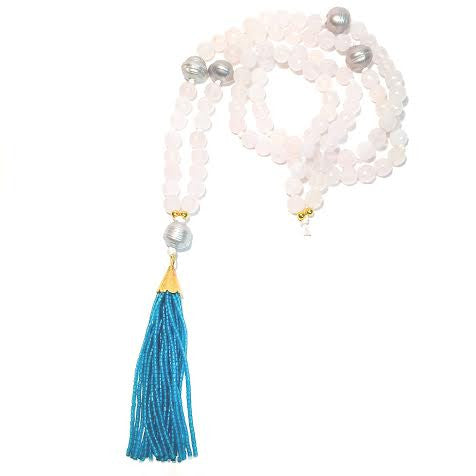WILLOUGHBY Necklace - 5-Pearls and Teal Tassel on White Agate